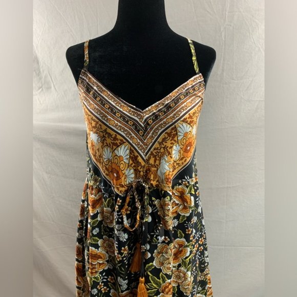 Boho Floral Print Drawstring Waist Fringed Ruffle Hem Cami Dress - Picture 10 of 11
